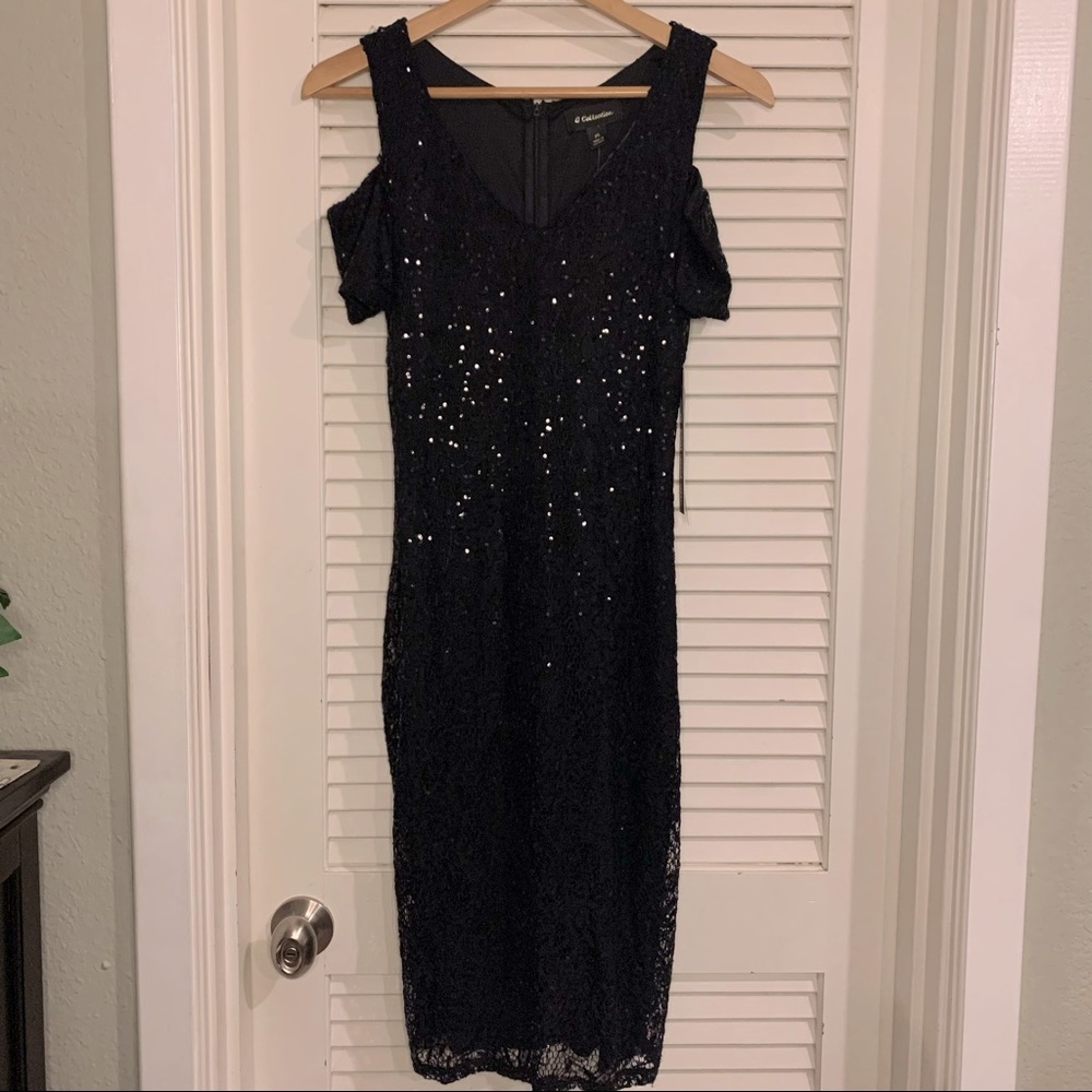 NEW Sequined cold shoulder midi cocktail dress